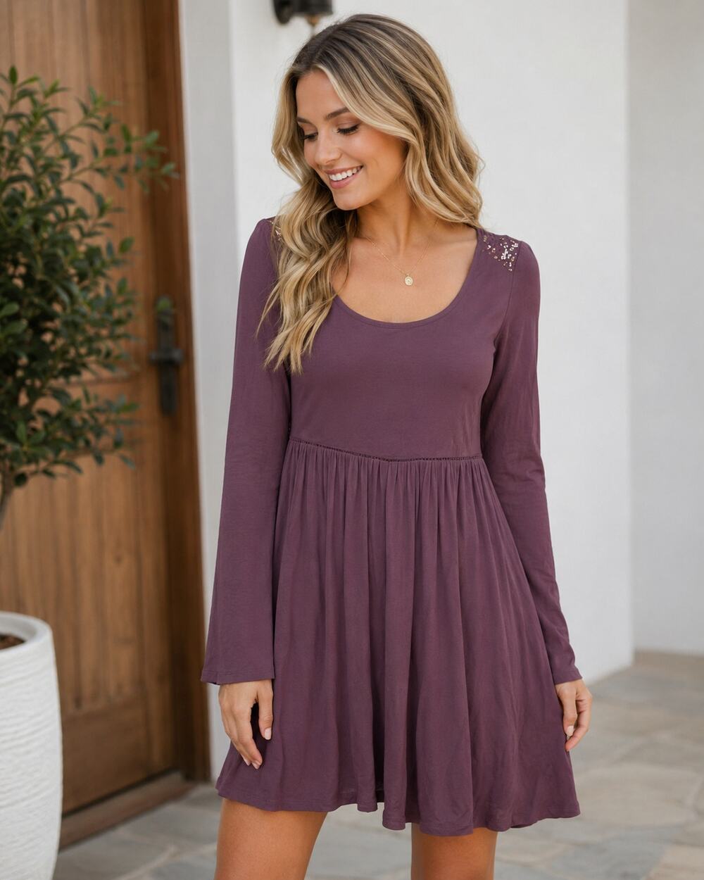 NWT AndTheWhy Plum Long Sleeve Lace-Yoke Babydoll Dress Women's Medium